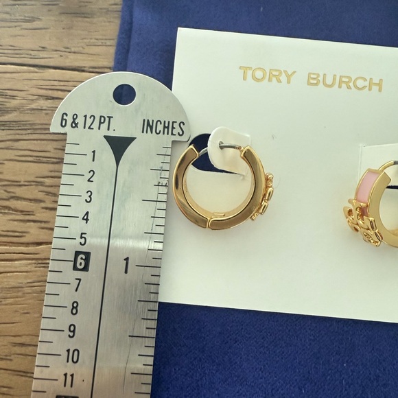 Tory Burch Gold Plated and Pink Enamel Logo Hoop Earrings - Picture 5 of 5